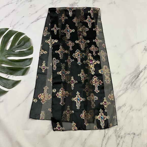 Womens Vintage 90s Lightweight Scarf Jeweled Cross Print Stripe Black Gold - Picture 3 of 3